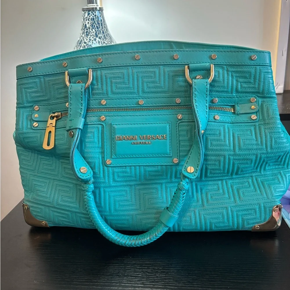 RARE Gianni Versace Couture "Snap Out Of It" Turquoise Nappa Satchel - Picture 2 of 14